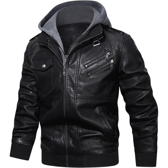 🆕 Men Black Faux Leather Zipper Motorcycle Bomber Jacket Stand Collar PU Hood - Picture 2 of 7